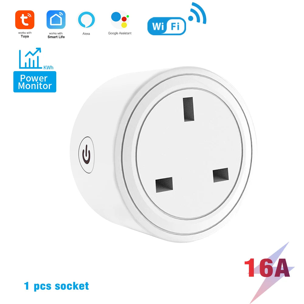 SIXWGH Tuya Smart Socket WIFI 16A/20A EU US UK AU Plug With Monitoring Timing Function Smart Home Electronic Power Outlet Alexa