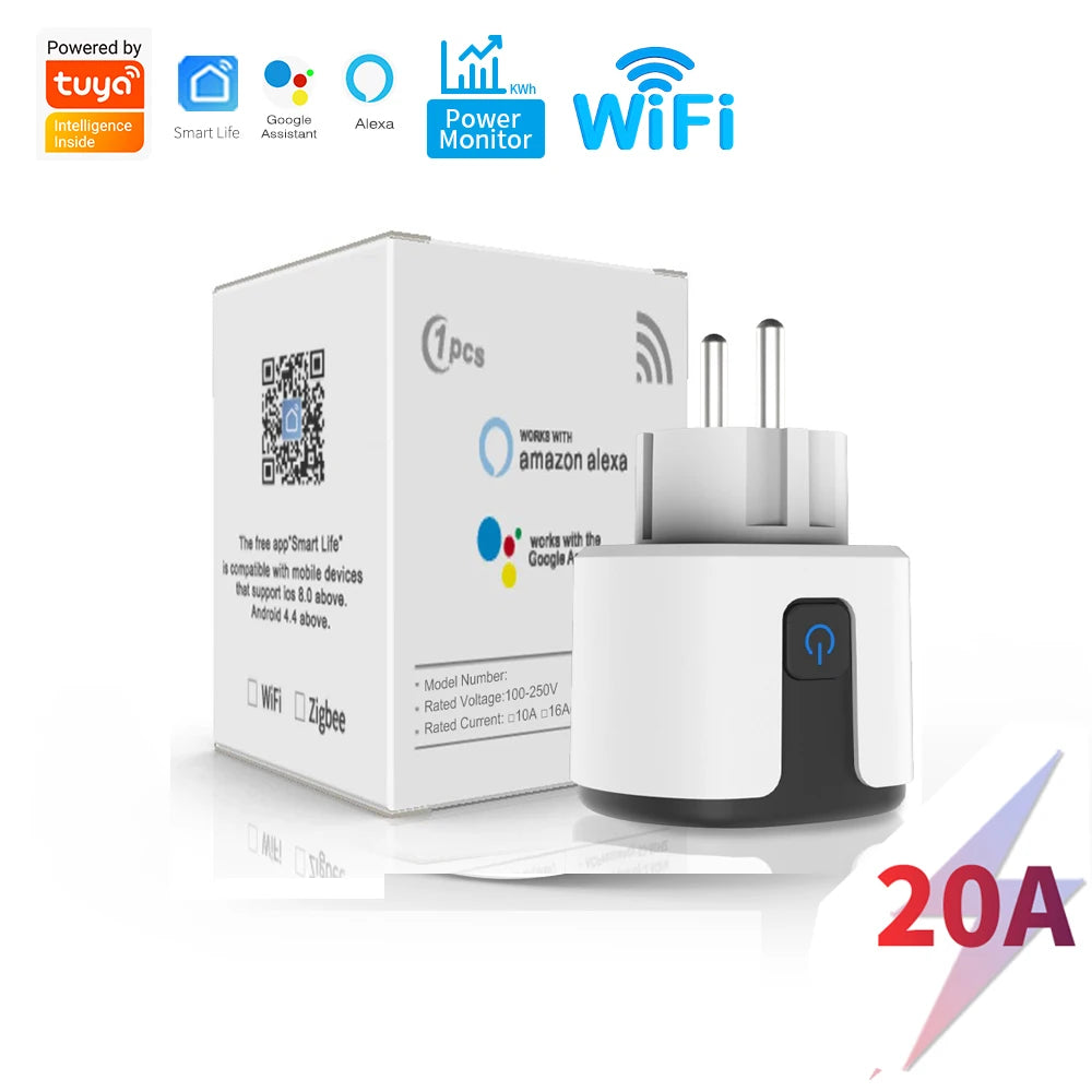 SIXWGH Tuya Smart Socket WIFI 16A/20A EU US UK AU Plug With Monitoring Timing Function Smart Home Electronic Power Outlet Alexa