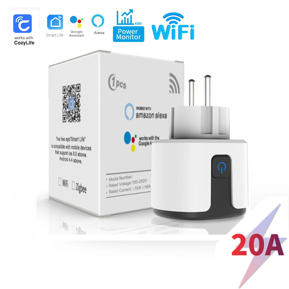 SIXWGH Tuya Smart Socket WIFI 16A/20A EU US UK AU Plug With Monitoring Timing Function Smart Home Electronic Power Outlet Alexa