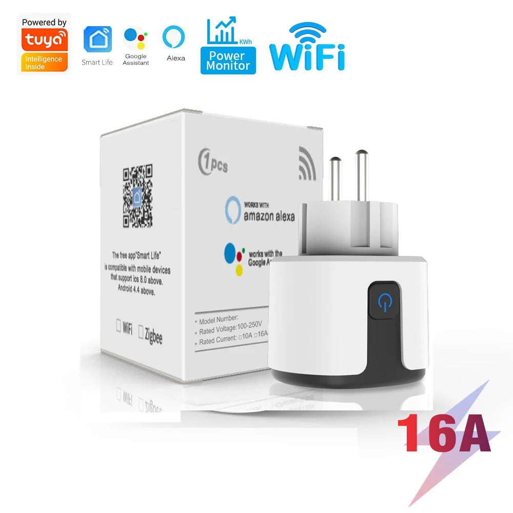 SIXWGH Tuya Smart Socket WIFI 16A/20A EU US UK AU Plug With Monitoring Timing Function Smart Home Electronic Power Outlet Alexa